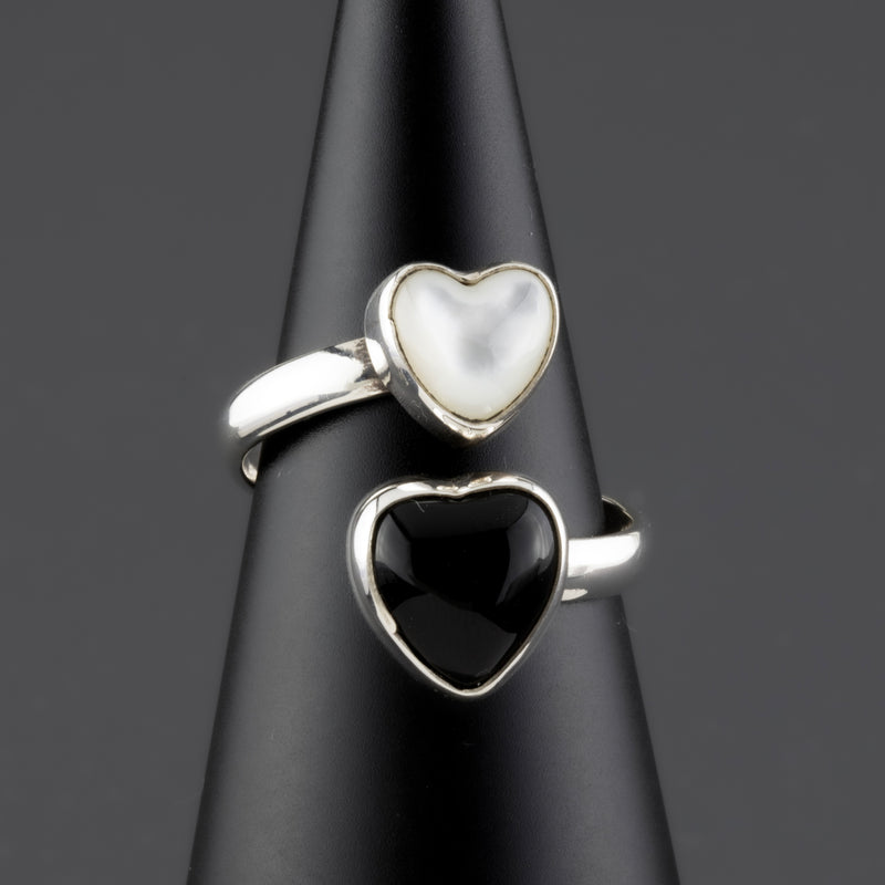 onyx and pearl 2 heart bypass ring