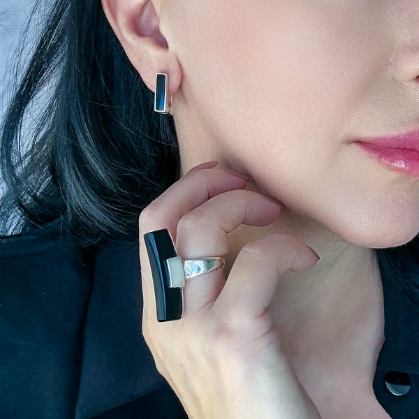 Long Vertical Black Onyx Stone Ring in Sterling Silver - Reveka Rose