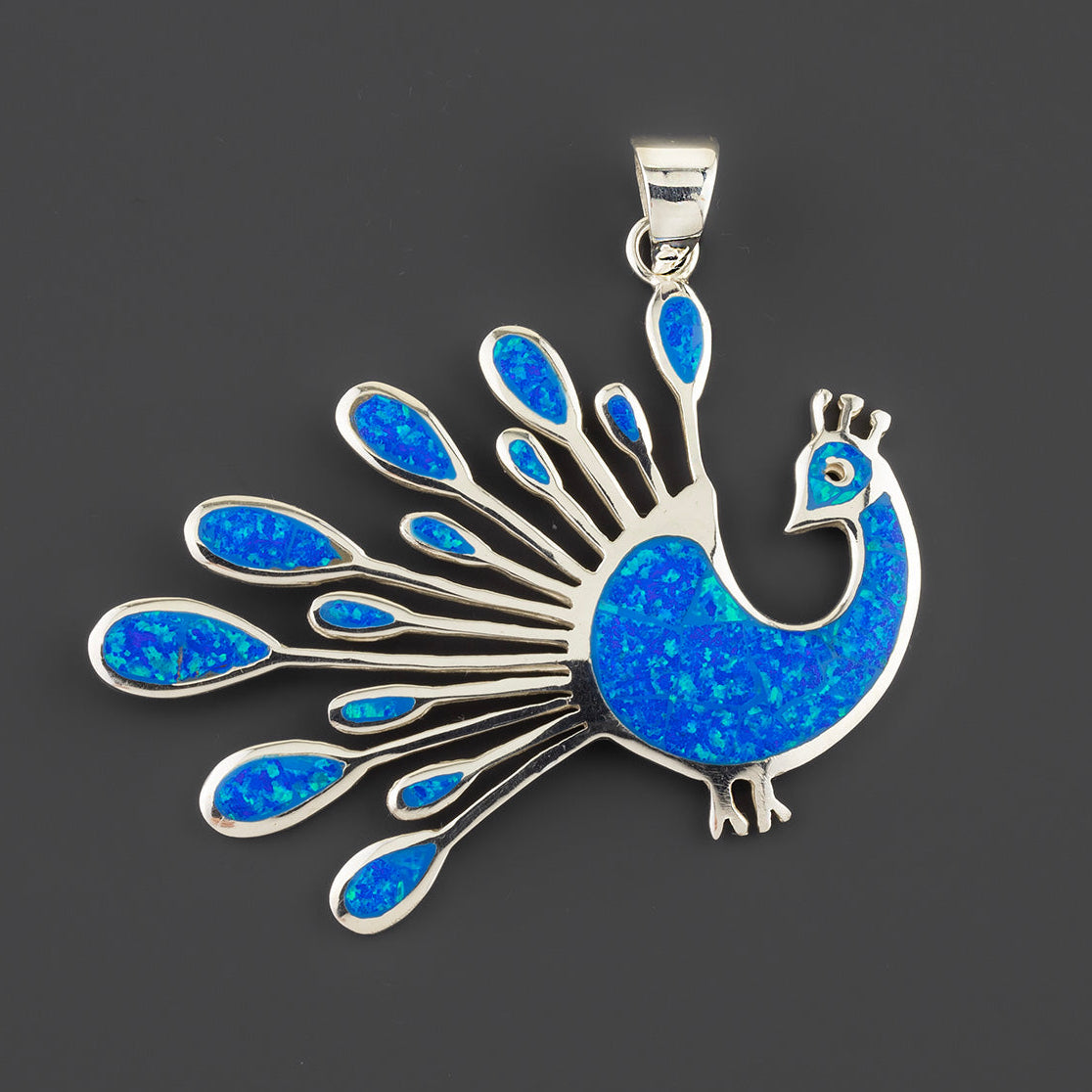 opal and silver peacock pendant
