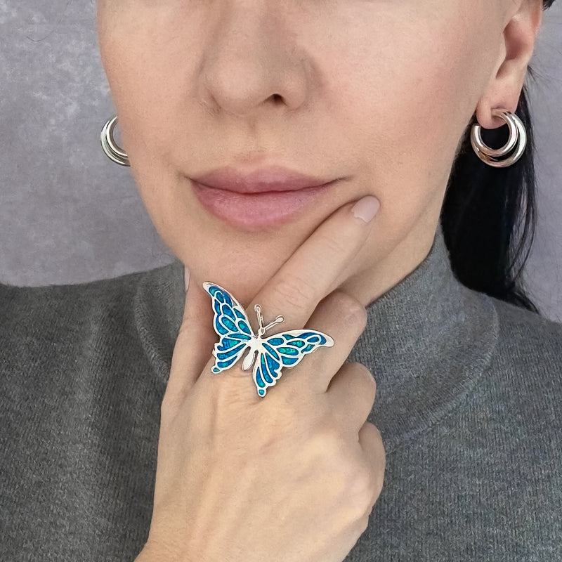 blue opal butterfly ring