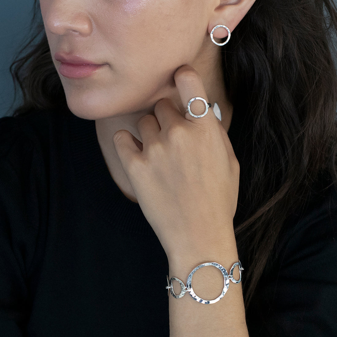 Hammered Silver Open Circle Stud Earrings