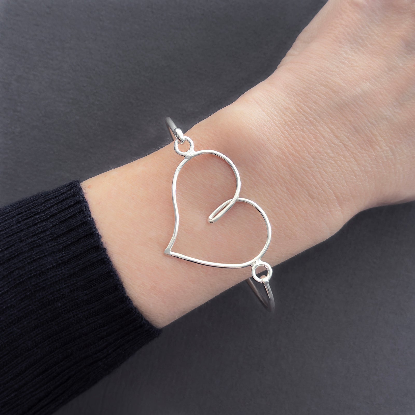 Open Heart Sterling Silver Clasp Bracelet | Wire Bangle Bracelet