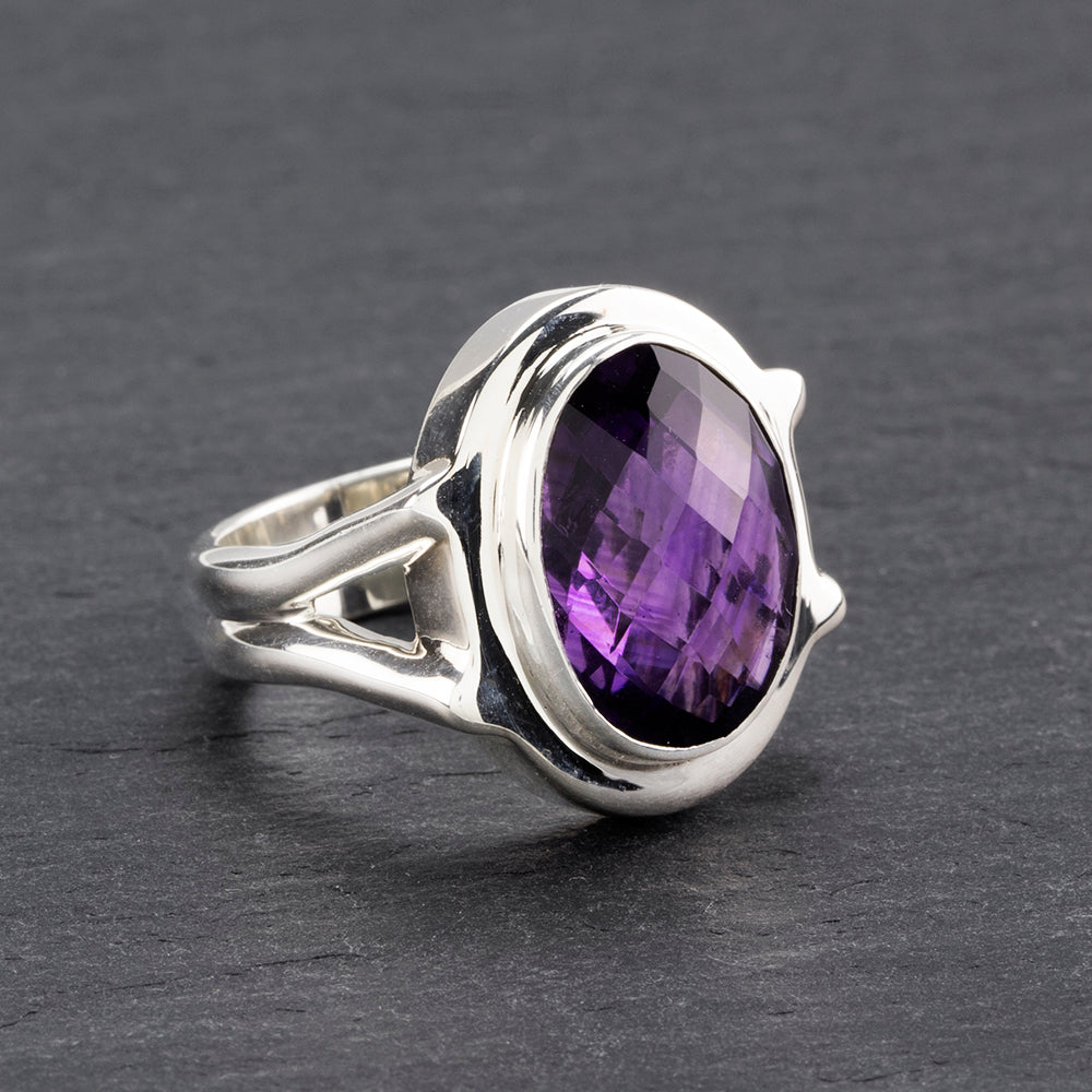 oval checkeboard cut amethyst ring