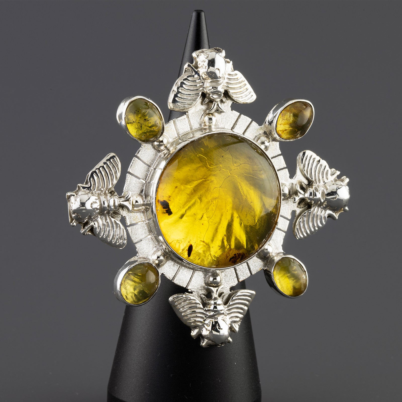 Oversized Handmade Silver Amber Ring