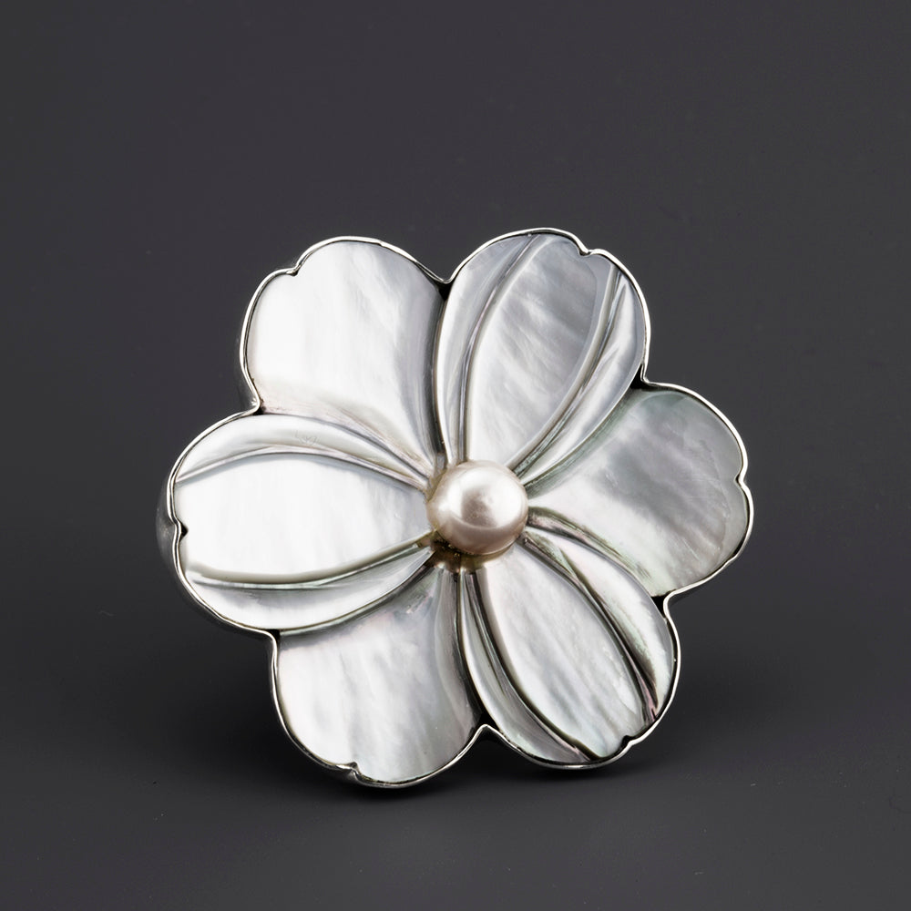 Oversized Mother of Pearl Flower Statement Ring - Reveka Rose