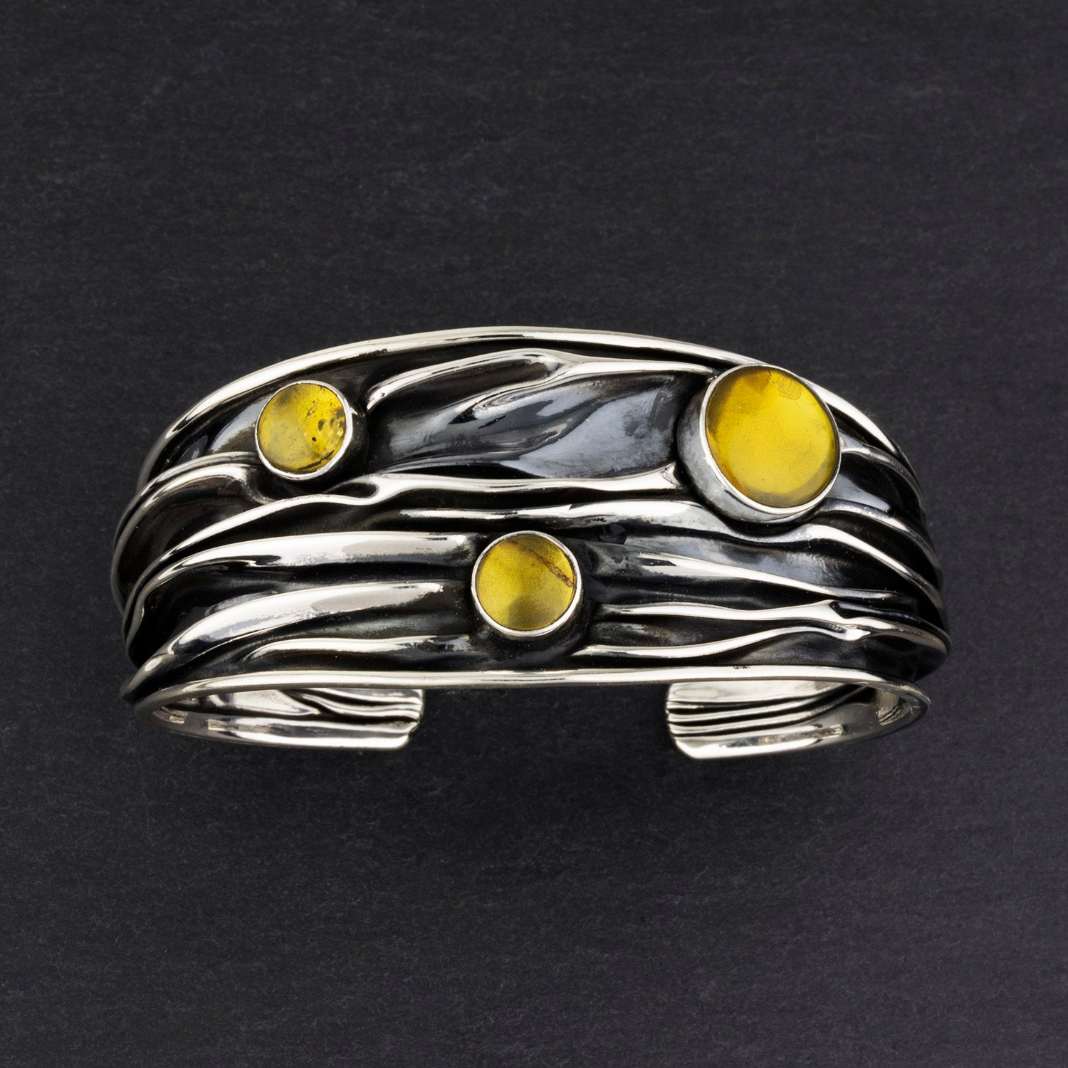 oxidized Mexican silver and amber corrugated cuff bracelet