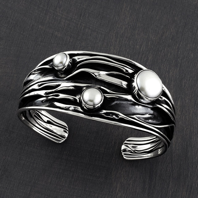 oxidized Mexican silver and pearl corrugated cuff bracelet