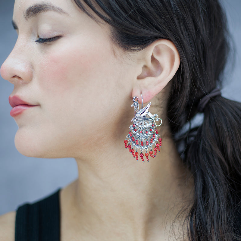Mexican silver peacock filigree earrings