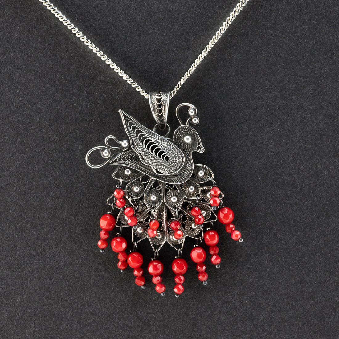 peacock Mexican silver and coral pendant 