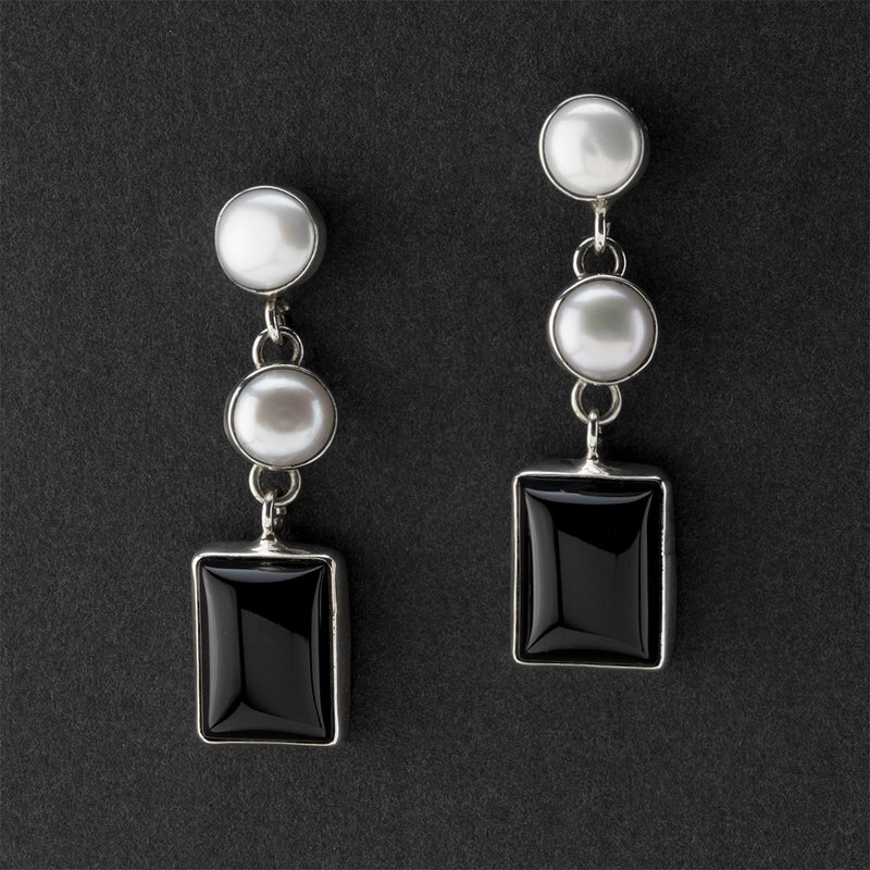 pearl and black onyx dangle earrings