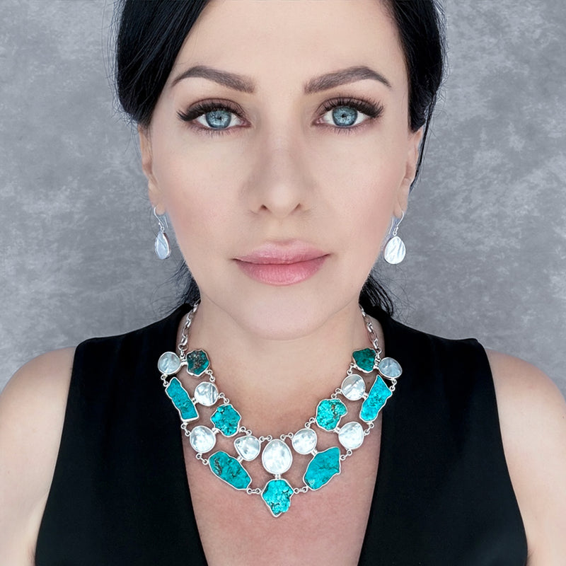 one of a kind turquoise and pearl statement necklace