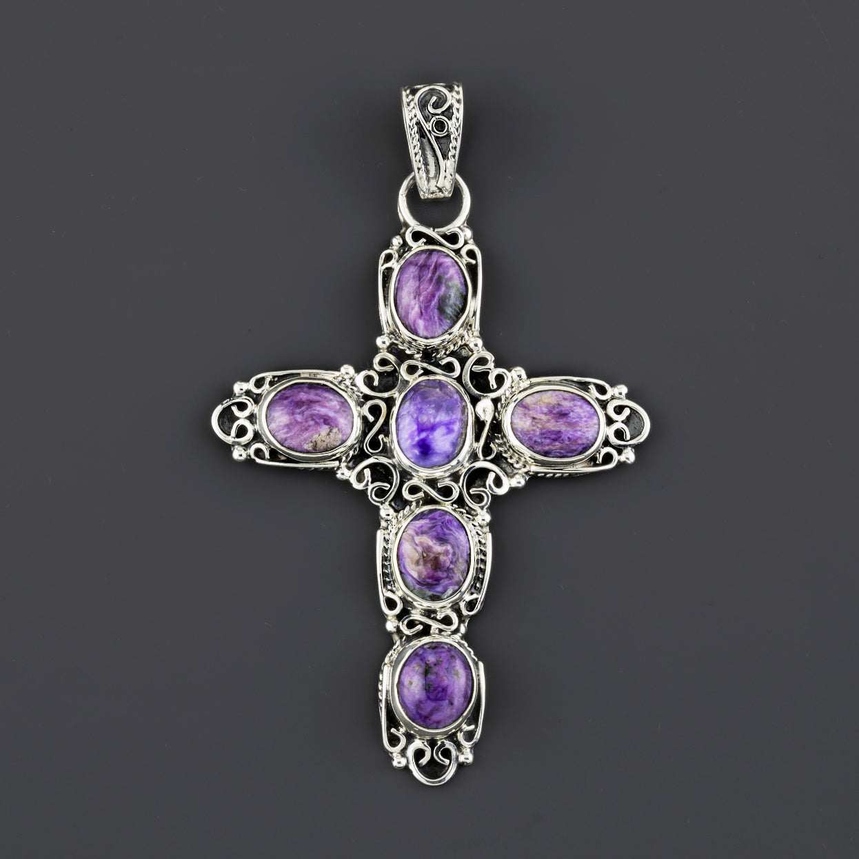 purple charoite stone cross pendant