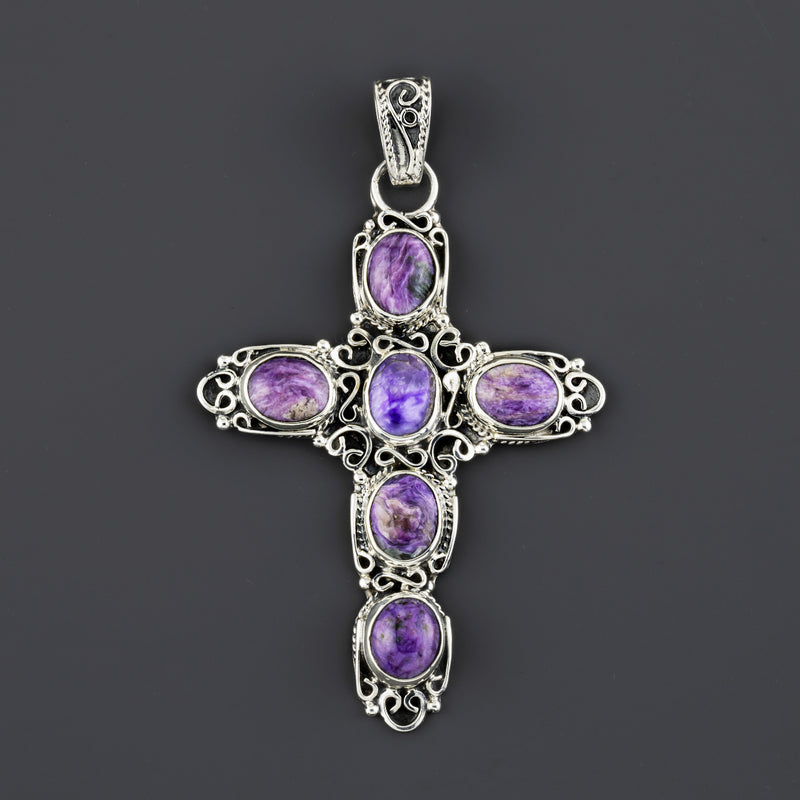 purple charoite stone cross pendant