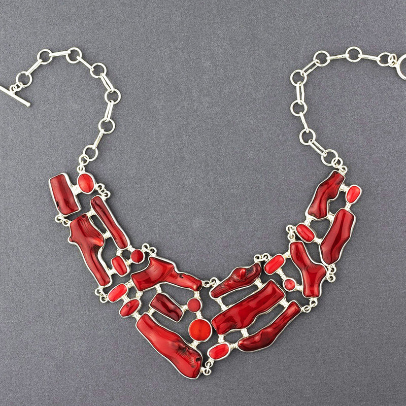 red bamboo coral silver bib necklace