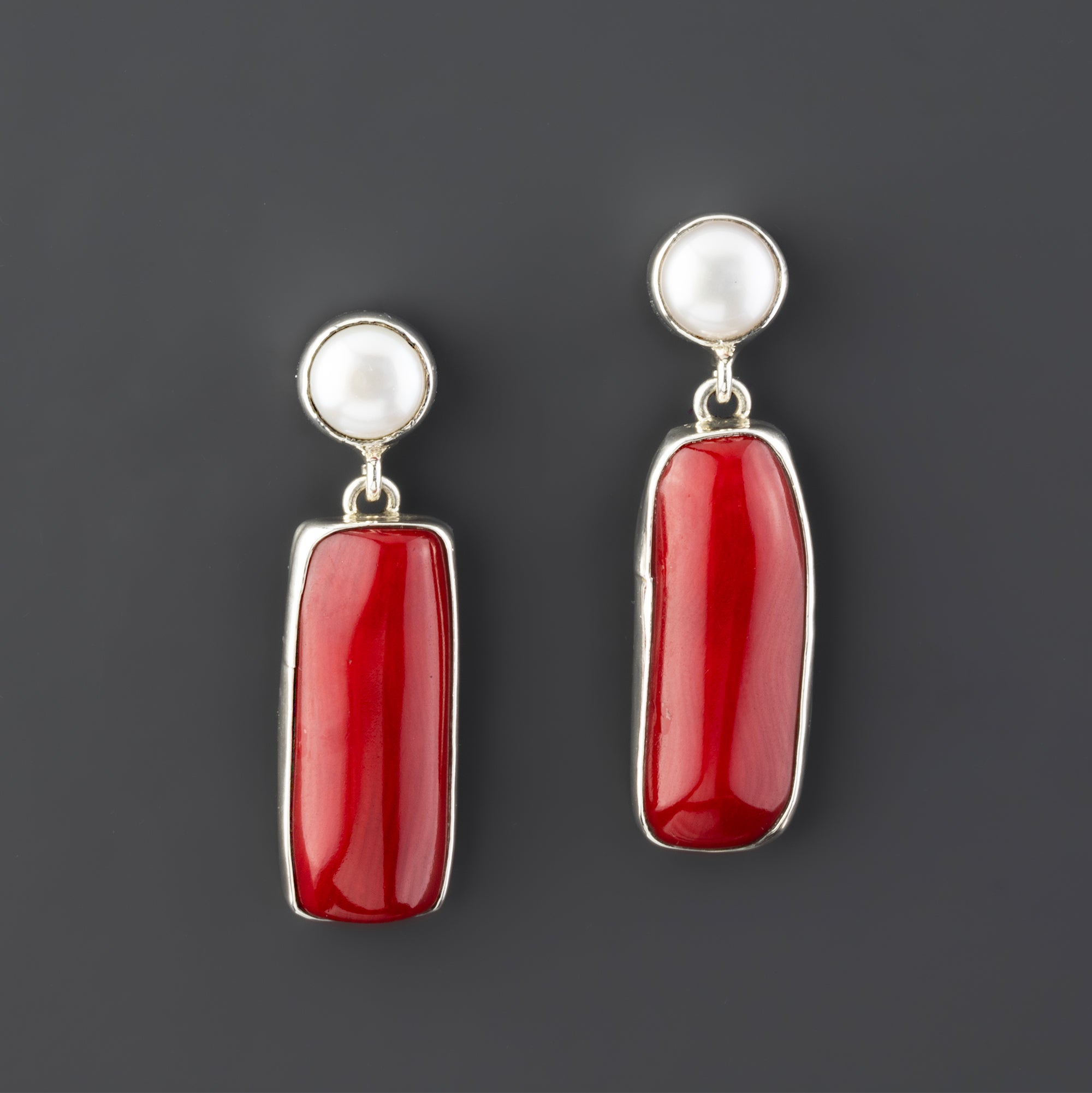 Red Coral and Pearl Dangle Earrings