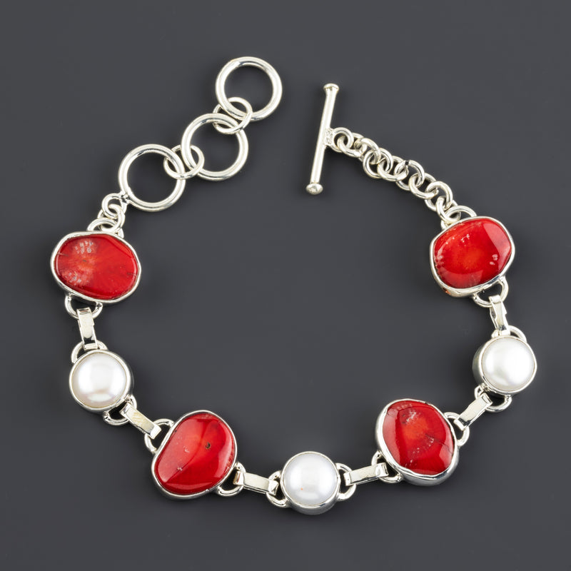 red coral and pearl link bracelet