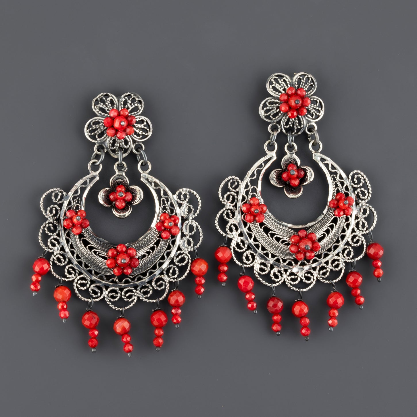 red coral filigree earrings