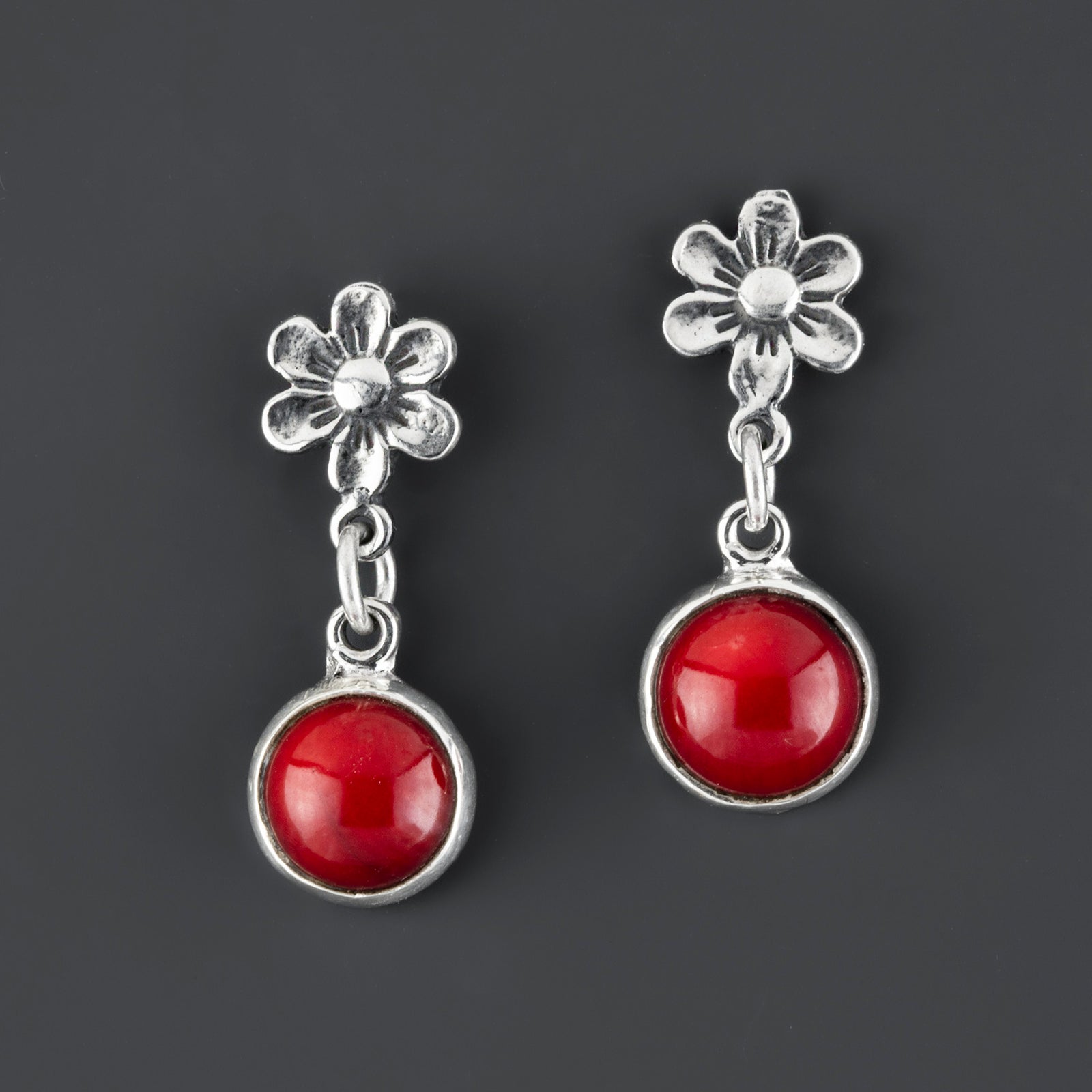 red coral floral drop earrings