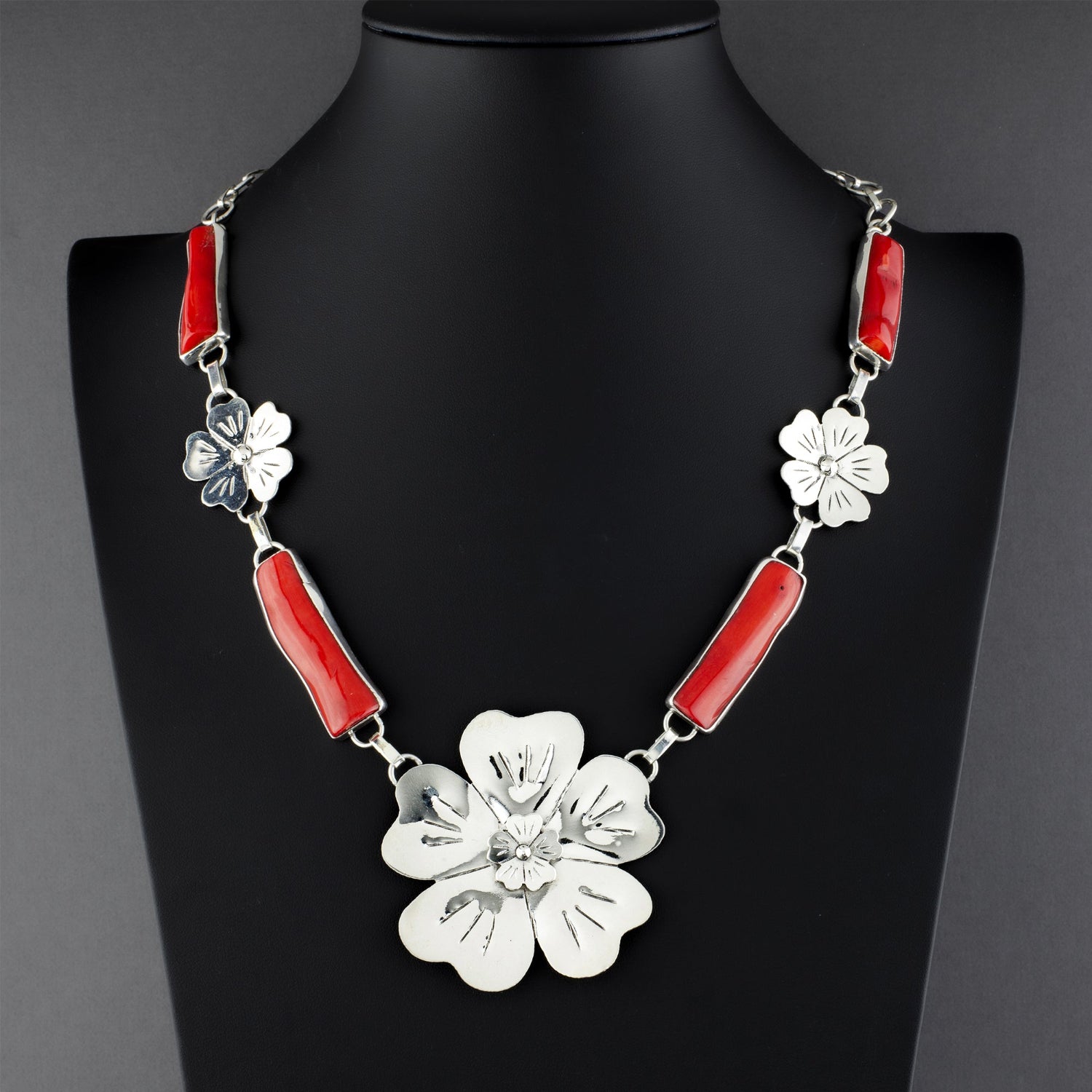 red coral floral statement necklace