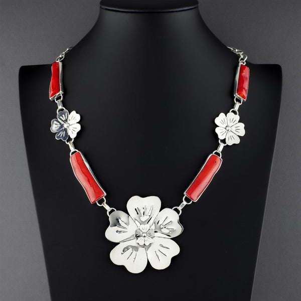 One of Kind Red Coral Floral Necklace - Reveka Rose