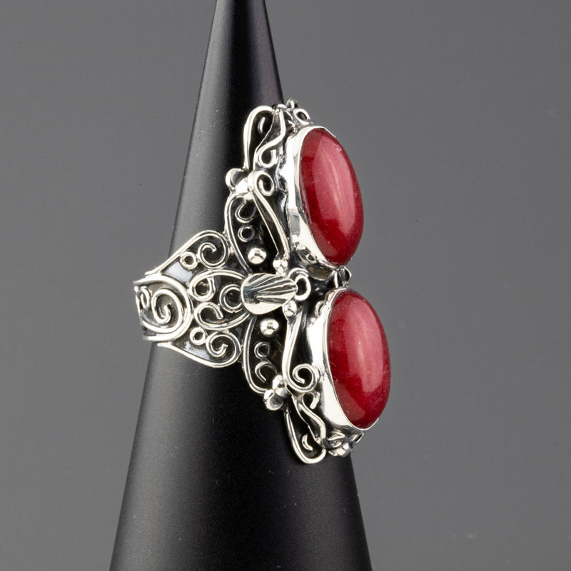 long red coral sterling silver ring