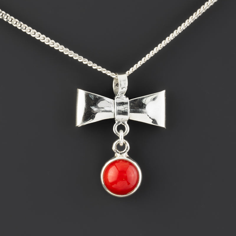 red coral sterling silver bow pendant