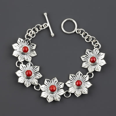 red coral sterling silver flower link bracelet