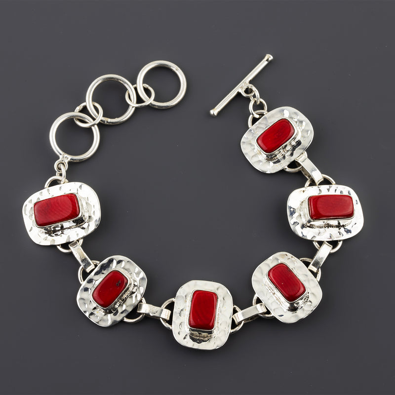 red coral sterling silver link bracelet