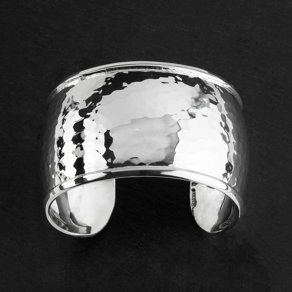 rimmed elegance wide hammered silver cuff bracelet
