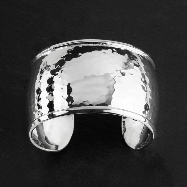 Rimmed Elegance Wide Hammered Silver Cuff Bracelet - Reveka Rose