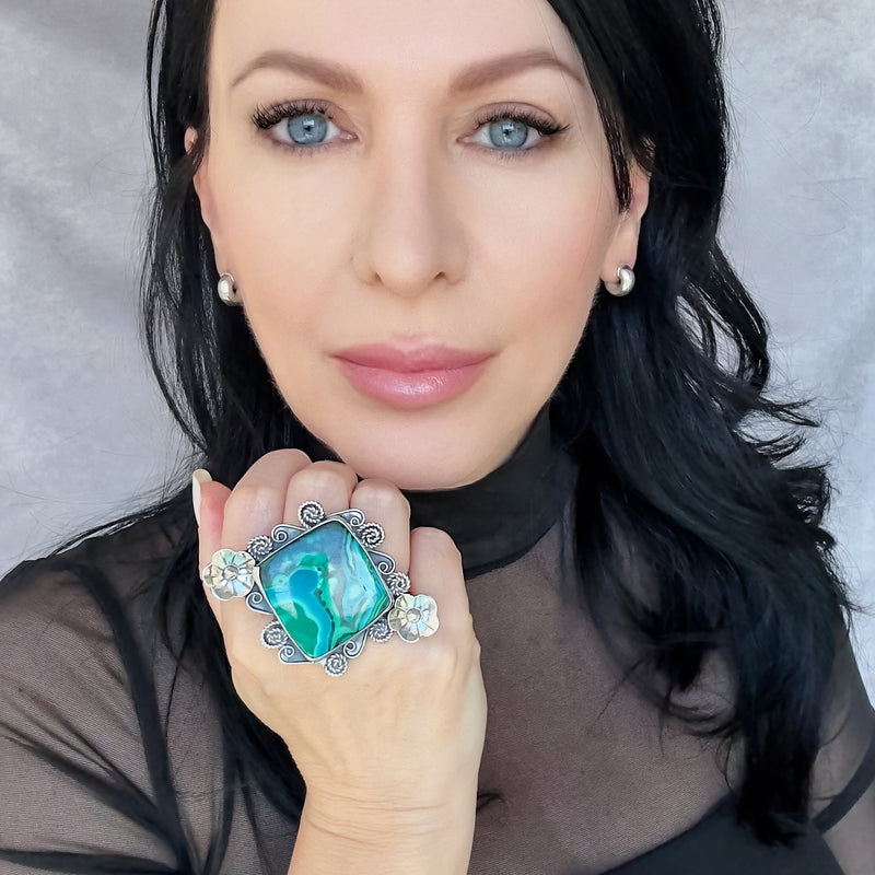oversized chrysocolla Mexican silver ring