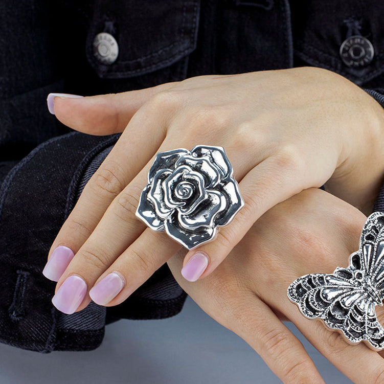 Chunky Silver Rose Statement Ring