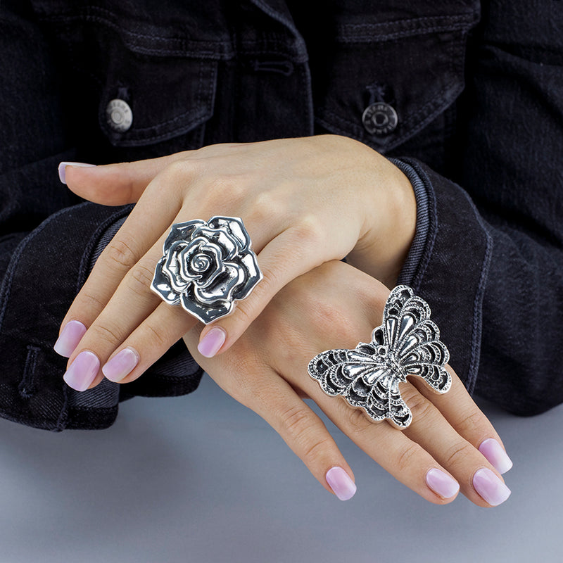 chunky silver rose statement ring