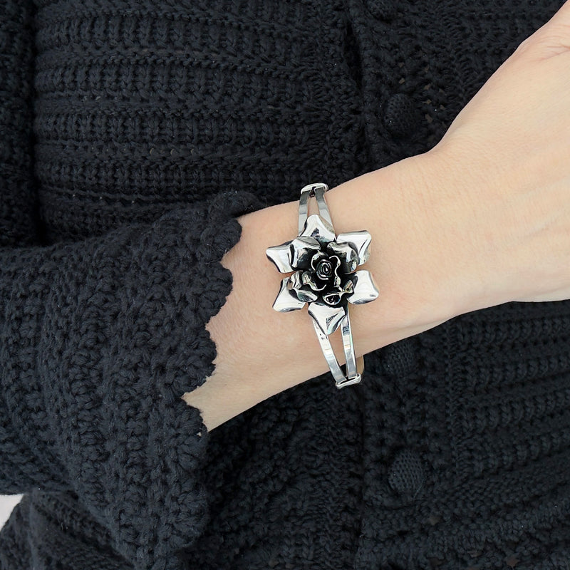sterling silver rose flower cuff bracelet
