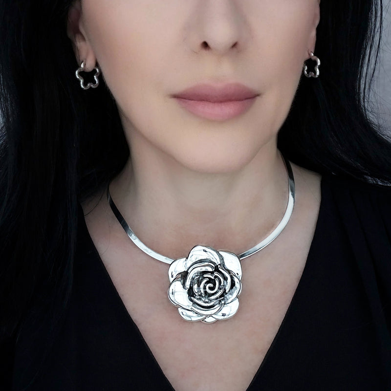electroformed silver rose pendant