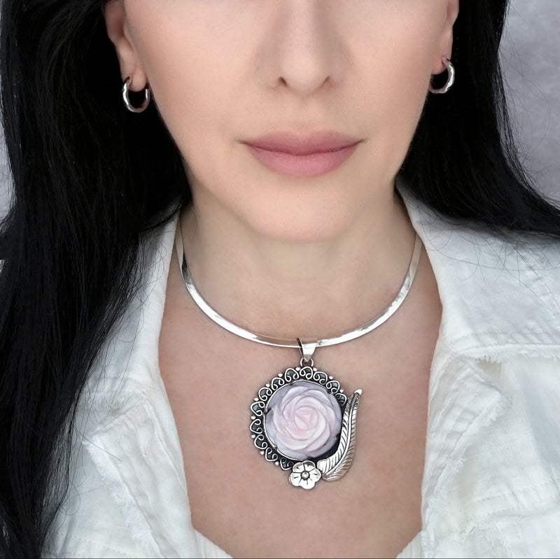 handcrafted mother of pearl carved rose pendant