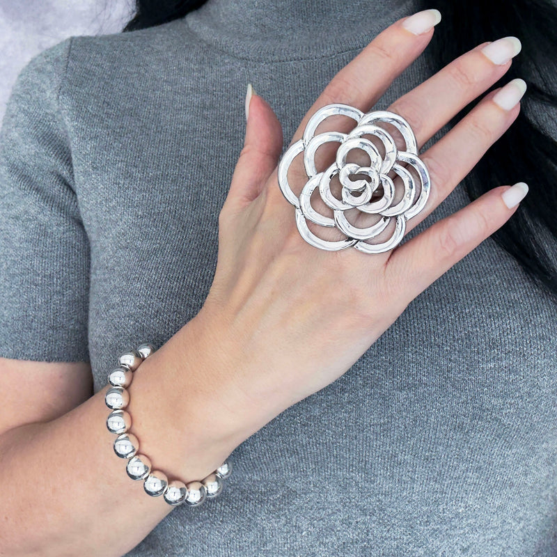oversized bold sterling silver rose ring