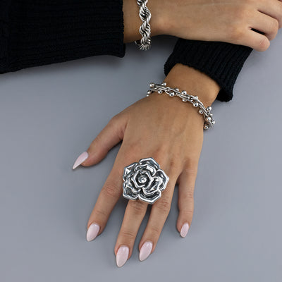 Chunky Silver Rose Statement Ring