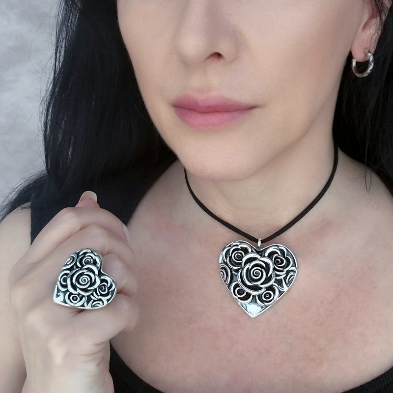 electroformed sterling silver rose heart ring