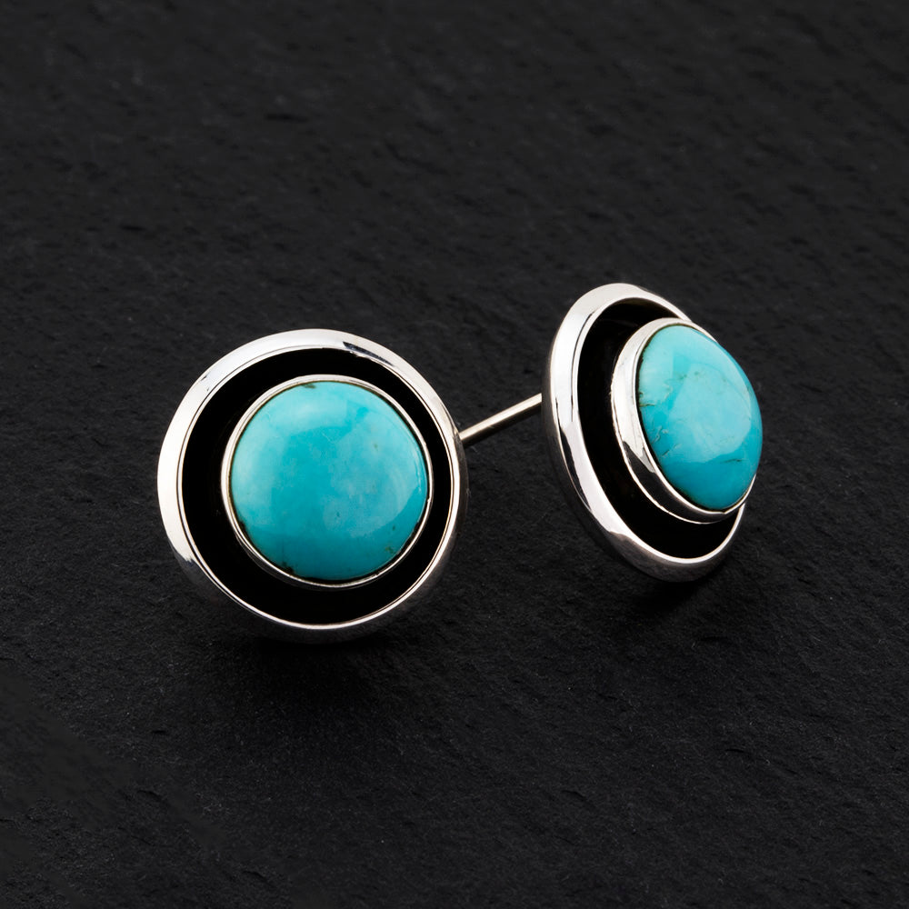 round oxidized silver turquoise button stud earrings