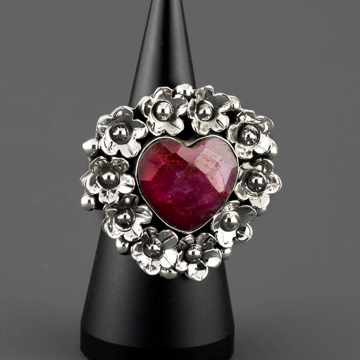 ruby bloom silver heart ring