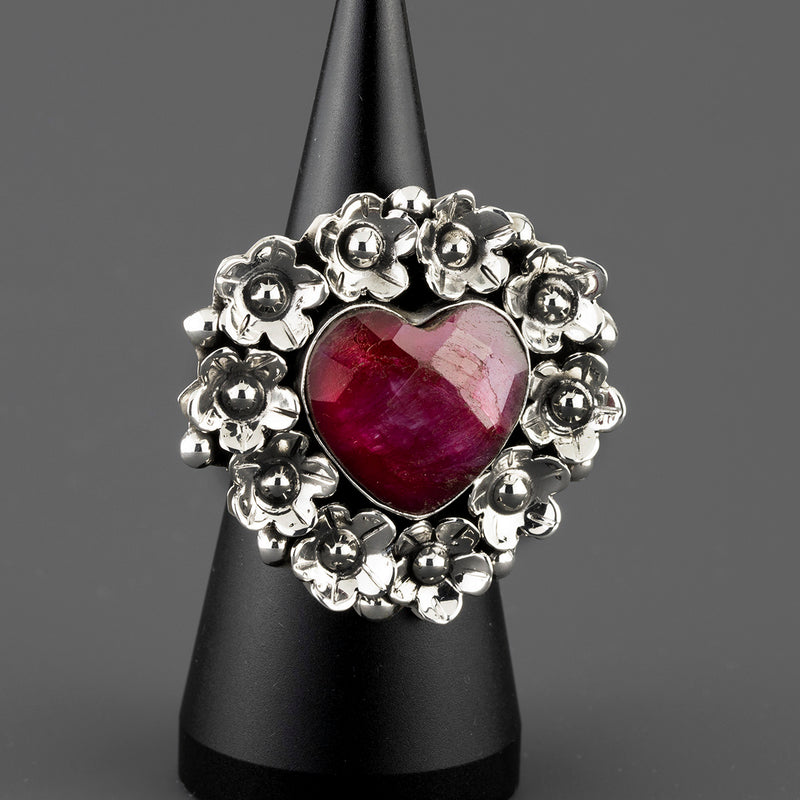 ruby bloom silver heart ring