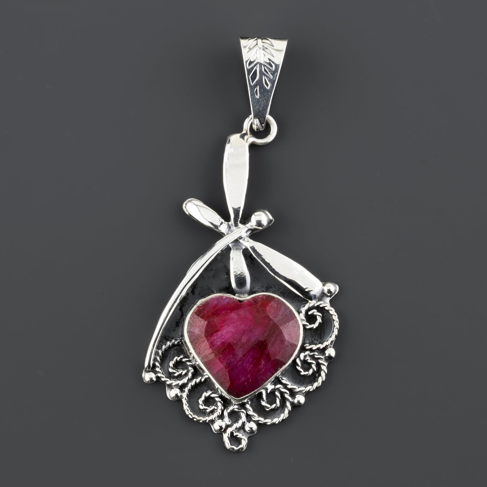 ruby dragonfly heart pendant