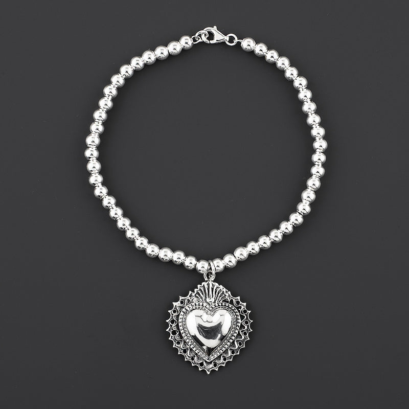 sacred heart beaded silver charm bracelet
