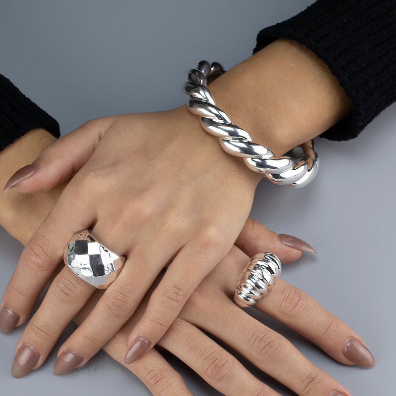 Chunky Faceted Silver Wide Band Ring