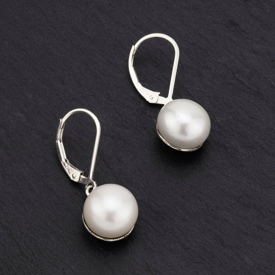 short sterling silver and pearl leverback drop earrings