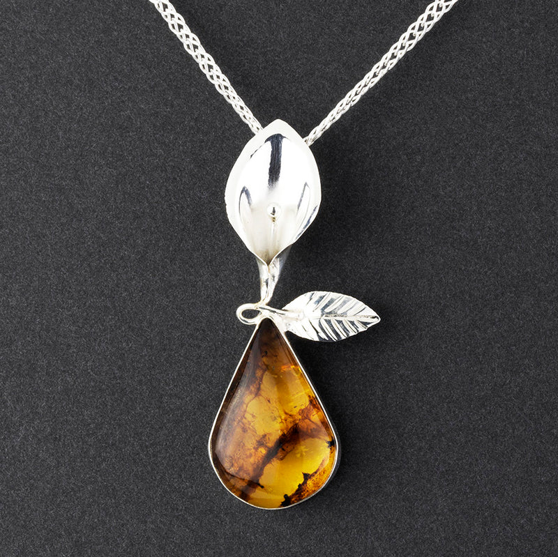silver and amber calla lily pendant necklace