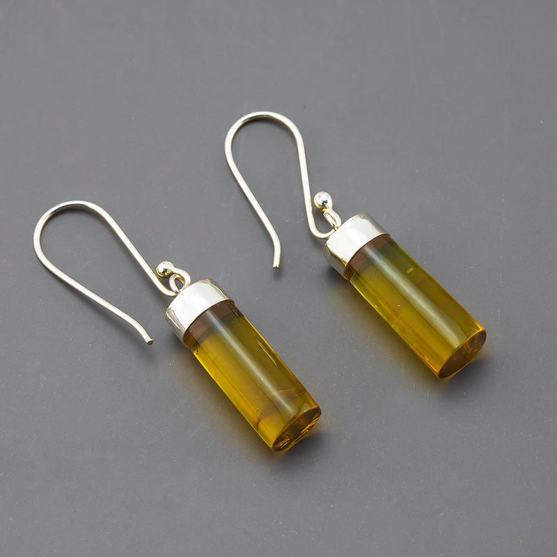 silver and amber cylinder dangle earrings