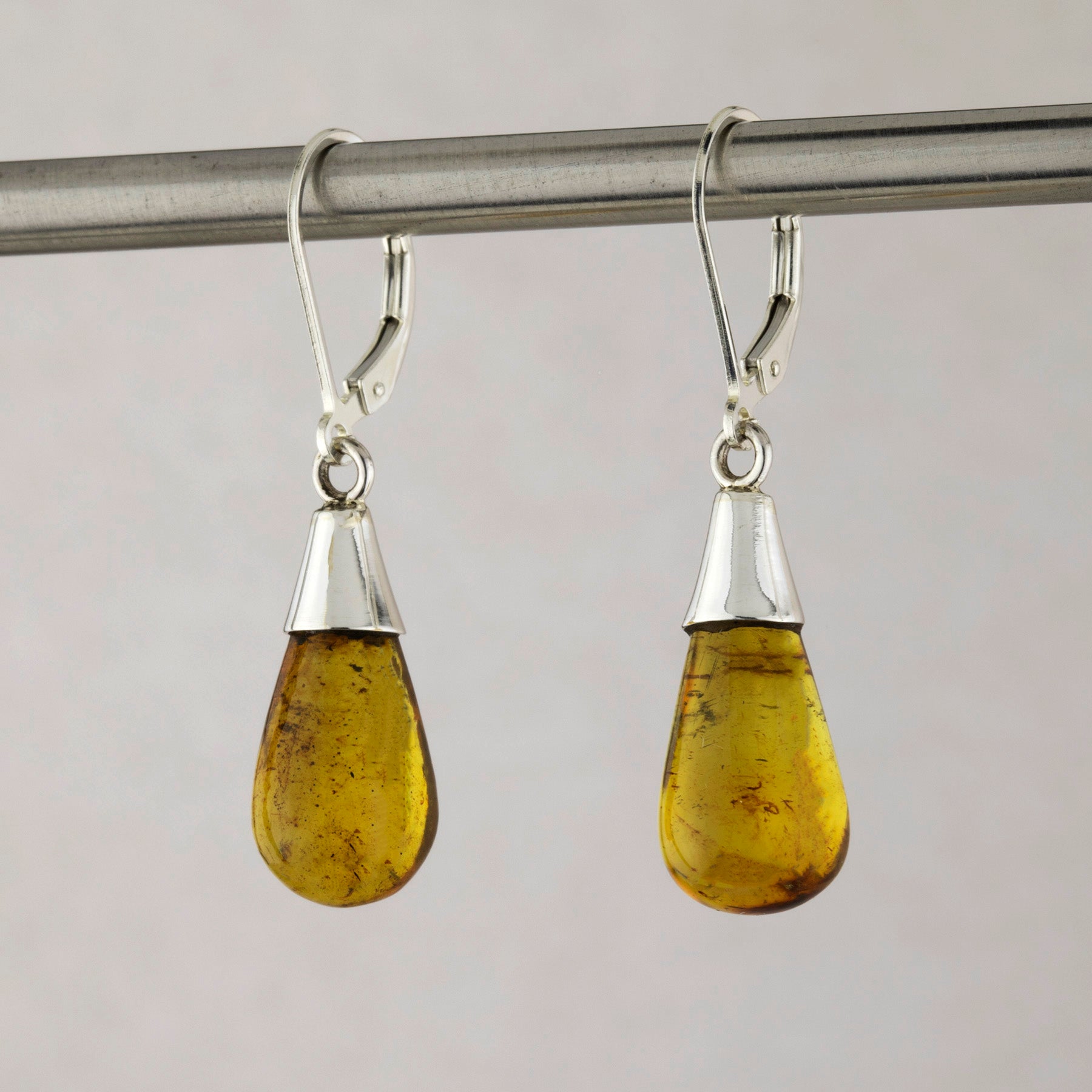 silver and amber leverback cone drop earrings