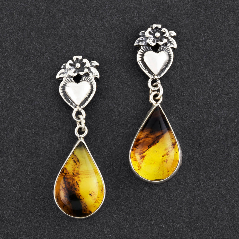 silver and amber sacred heart earrings